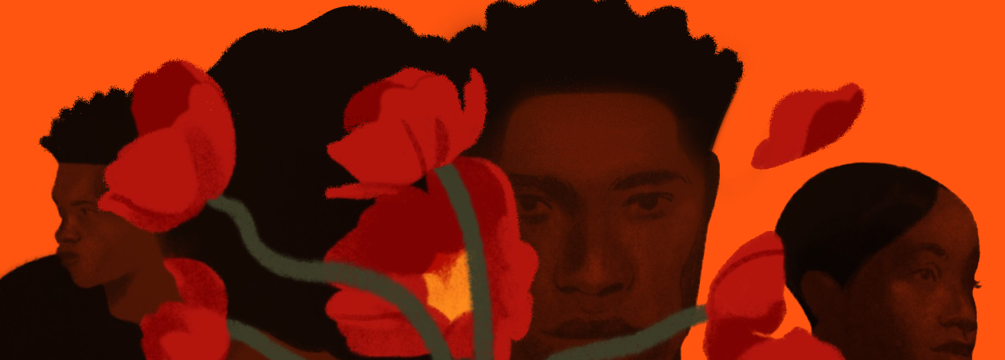 Illustration of black faces looking out from behind vibrant blooming flowers.