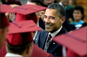 President Obama greets students before the Joplin High School commencement last month. As he hits the presidential campaign trail again, Mr. Obama can cite an extensive record of action on education, but has also drawn criticism from both sides.