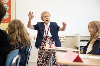 Martha Strever, a math teacher at Linden Avenue Middle School in Red Hook, N.Y., addresses her class on Sept. 6, 2024.