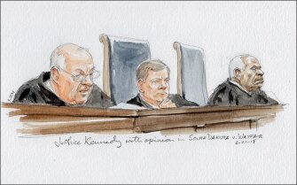 Justice Anthony M. Kennedy, left, reads the court’s 5-4 majority decision in South Dakota v. Wayfair, Inc. Kennedy, who announced his retirement on the last day of the term, is joined by Chief Justice John G. Roberts Jr., center, and Justice Clarence Thomas.