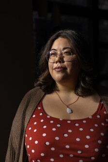 Angela Chen, a high school visual arts teacher in Waterford, Mich., poses for a portrait at the National Education Association headquarters in Washington, D.C., on January 6, 2023. Chen and other educators have gathered in D.C. for a summit to address school safety from gun violence. Chen teaches at a school 30 minutes from Oxford High School, where there was a deadly shooting in 2021.