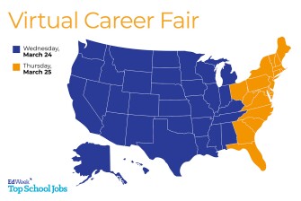 Map shows that the virtual career fair for most of the united states is happening on March 24, 2021 and the east coast states happening on March 25, 2021