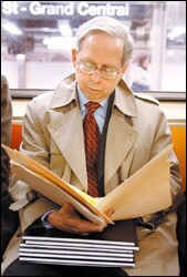 Commuting by subway to Columbia University, where he teaches a class called Judicial Remedies and Education Reform, Rebell takes a moment to review notes.