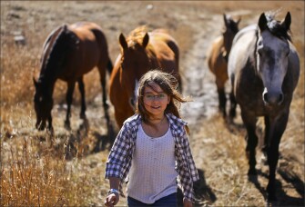 Four horses follow Corinne as she walks through a field near her home at Notch Peak Ranch.