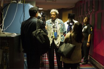 Boxing promoter Don King is interviewed Tuesday evening after arriving at the Republican National Convention.