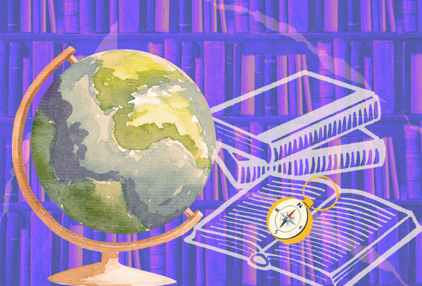Illustration of a book, a globe, and a compass.
