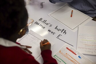 Robyn Pinnix, 9, works on an activity in Zachary Chan’s third grade class at Young Women’s Leadership Academy in San Antonio, Texas on February 7, 2022.