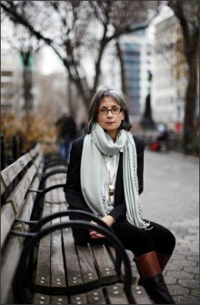 LAURIE RACINE, a co-founder of Startl, sits in Union Square in New York City.