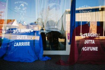 Shirts for sale in a storefront in downtown Picayune. Located in the southernmost tip of Mississippi, the town has a population of approximately 11,000 people.