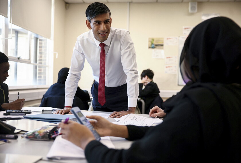 Britain's Prime Minister Rishi Sunak visits Harris Academy, in Battersea, London, Friday, Jan. 6, 2023.