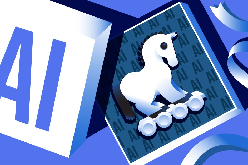 Vector illustration of a robotic trojan horse in a gift box with the letters AI on the top of the box and inside behind the horse.