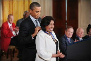 President Barack Obama honors Sylvia Mendez with the 2010 Medal of Freedom at the White House on Feb. 15, 2011. As a child, Ms. Mendez was a key figure in a seminal school desegregation case.