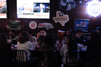 Noah Lipman's AP US Goverment and Politics students watch election results during a class election watch party at Big Lou's Pizza in San Antonio, Texas, on Nov. 5, 2024.