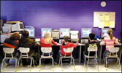 Sophomores at Riverside High School in Belle, W. Va, log onto a Following the Leaders lesson last month. The Kanawha County school district is using the program in all of its schools.