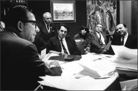 Albert Shanker, left, then the president of the United Federation of Teachers, meets with aides and teachers during the 1968 New York City teachers' strike. He promoted peer review, but only a few affiliates and districts adopted the program.