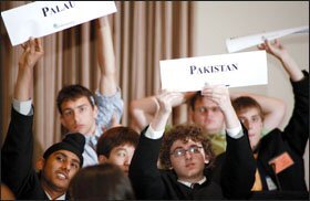 High school students from the United States and abroad represent their assigned countries at the Model U.N.