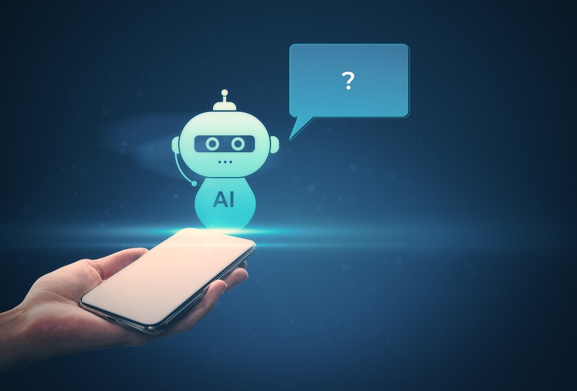 Close up of female hand holding smartphone with creative AI robot hologram with question mark in speech bubble on blue background. Chat GPT and failure concept.