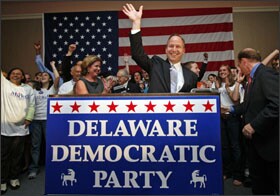 Democrat Jack Markell celebrates after winning the race for governor in Delaware on Nov. 4, one of three open governor's seats nationwide.