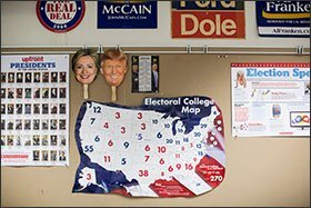 Anderson's classroom is filled with political signs and paraphernalia, but despite his enthusiasm for the subject, he says this year's presidential election has been tricky to navigate.