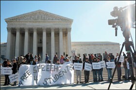 Students demonstrate for free-speech rights on March 19 as the U.S. Supreme Court hears arguments on whether a student could be disciplined for his "Bong Hits 4 Jesus" banner.