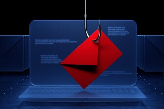 Illustration of an open laptop with a red envelope attached to a fishing hook.