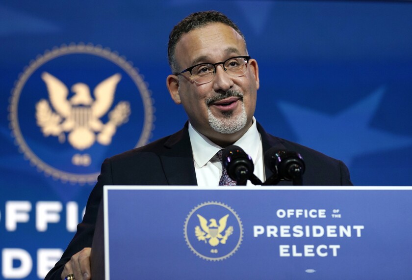 Miguel Cardona, President-elect Joe Biden's nominee for Secretary of Education, speaks after being introduced at The Queen Theater in Wilmington, Del., on Dec. 23, 2020.