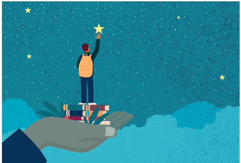 Supportive hand holds up a student who is reaching for a star