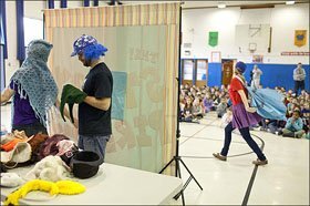 Story Pirates actors put together a storytelling "Idea Storm" at a Little Falls, N.J., elementary school in 2012, a scene captured in Education Week Teacher's original profile of the group.