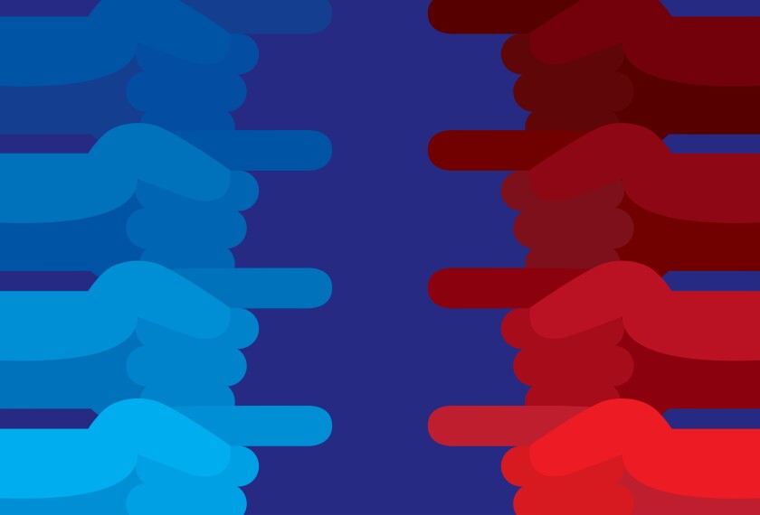 Illustration of blue and red pointing fingers