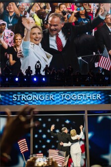 Democratic presidential nominee Hillary Clinton and vice presidential nominee Tim Kaine wave to the crowd after Clinton accepted the Democratic nomination for president on the final night of the Democratic National Convention.