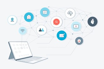 Illustration of computer with icons comping from apps and showing connections.