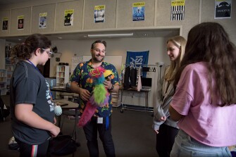 Aaron Arroya leads a discussion about puppets during one of his theatre classes at Colleyville Middle School in Colleyville, Texas on Tuesday, April 18, 2023.