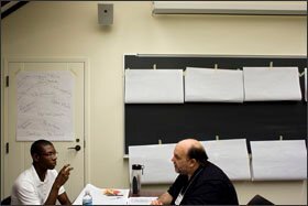 During a four-day College Summit workshop, Mr. Kesselly answers questions from college-admissions consultant edward t. custard about his life in and out of school.