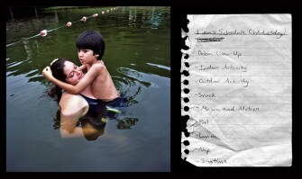 Liam holds on to his counselor Kristine Pugh during a swim in Lake Rockmont during a field trip in 2008.