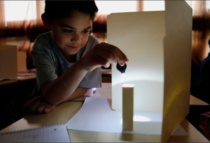 Ahasbai Guerrero studies shadows in Gennifer Caven's 3rd grade classroom at El Verano Elementary School in Sonoma, Calif. San Francisco's Exploratorium developed an inquiry-based curriculum that blends English and science lessons.