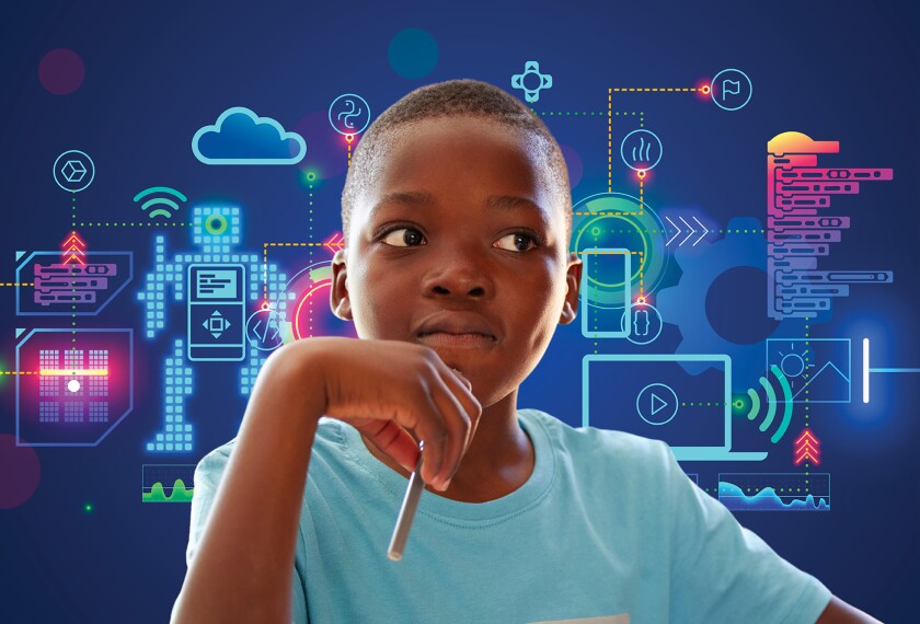 Photo illustration of young boy working on math problem. 