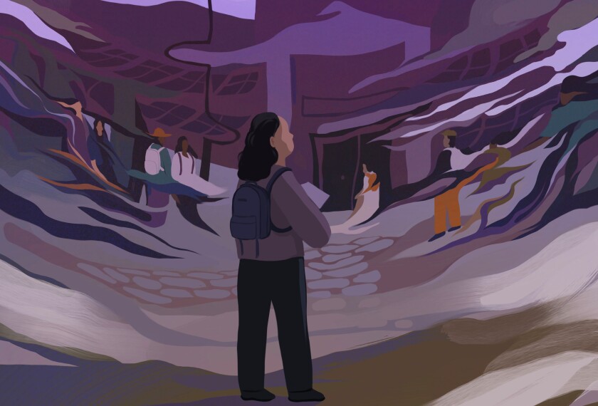 Student standing in front of a school that's distorted, hinting at changing realities.