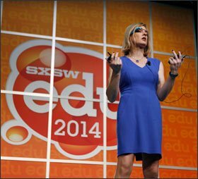 Keynote speaker Vivienne Ming, a neuroscientist and entrepreneur, wears Google Glass as she delivers her speech at SXSWedu about keeping the promise of educational technology. Ms. Ming was named one of 10 Women to Watch in Tech in 2013 by Inc. magazine.
