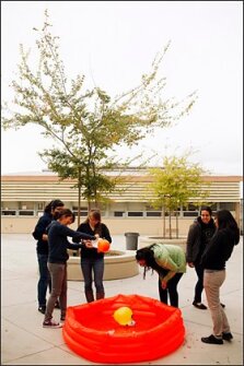 Students test out their self-propelled boats they made as part of an engineering challenge during a Techbridge program at Arroyo High School in San Lorenzo, California.