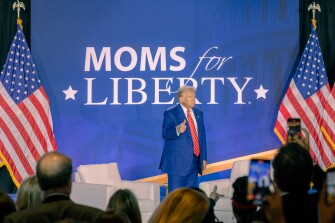 Former President Donald J. Trump ends stands to acknowledge the crowd at the end annual Mom’s For Liberty Summit in Washington, D.C., on Friday, August 30, 2024. He was the final keynote speaker of the day.