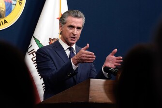 Calif. Gov. Gavin Newsom presents his revised 2025-2026 state budget during a news conference in Sacramento, Calif., on May 14, 2025.