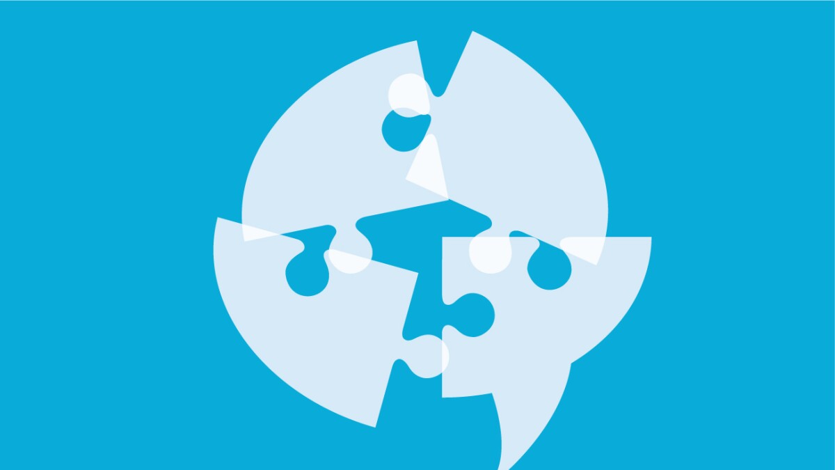 Image shows a speech bubble divided into 4 overlapping, connecting parts.