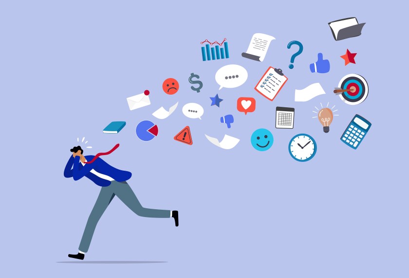 Illustration of a man wearing a tie, covering his and running away from icons in the air behind him. Icons consist of charts, books, emojis, lightbulb, target, clipboard with checklist, calculator, money, and various social media icons.