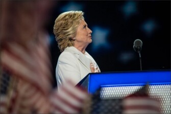 Hillary Clinton acknowledges the crowd before delivering her acceptance speech on the final night of the Democratic National Convention in Philadelphia.