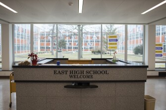 The main entrance at East High School in Rochester, New York on March 1, 2021.