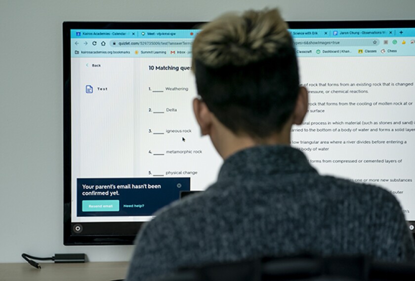 Jaron Chung, 12, attends an online science class as part of remote learning at Kairos Academies in St. Louis.