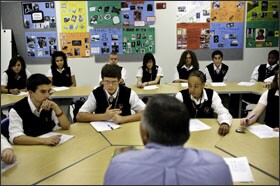 Sophomores in an honors American Literature class at Sports and Medical Sciences academy complete a reading exercise.