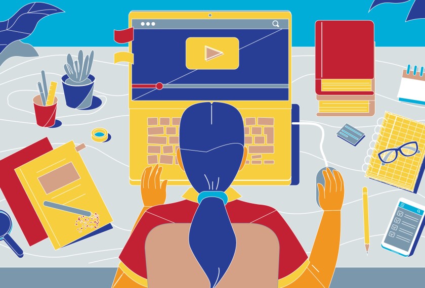 Illustration of girl working on computer at home. 