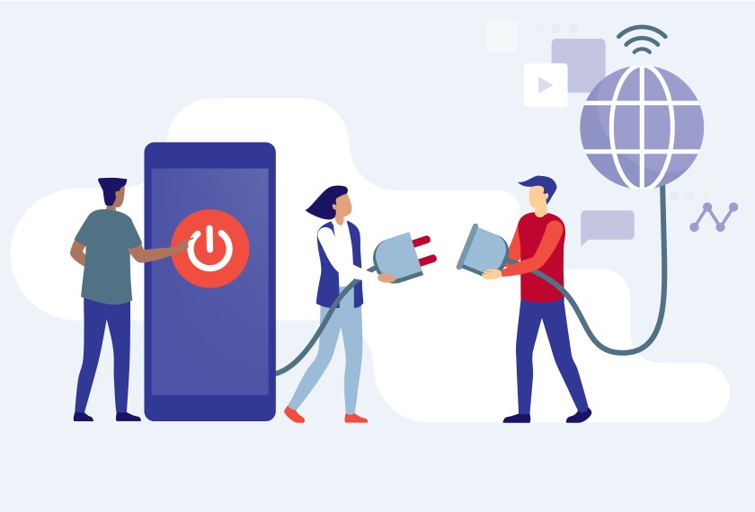 is education good in portugal Vector illustration concept of 3 students and a cell phone being unplugged from the internet.