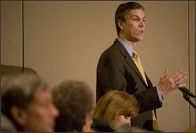 Secretary of Education Arne Duncan addresses the audience during a press conference to announce the release of the National Staff Development Council report on professional development in Washington on Feb. 4.